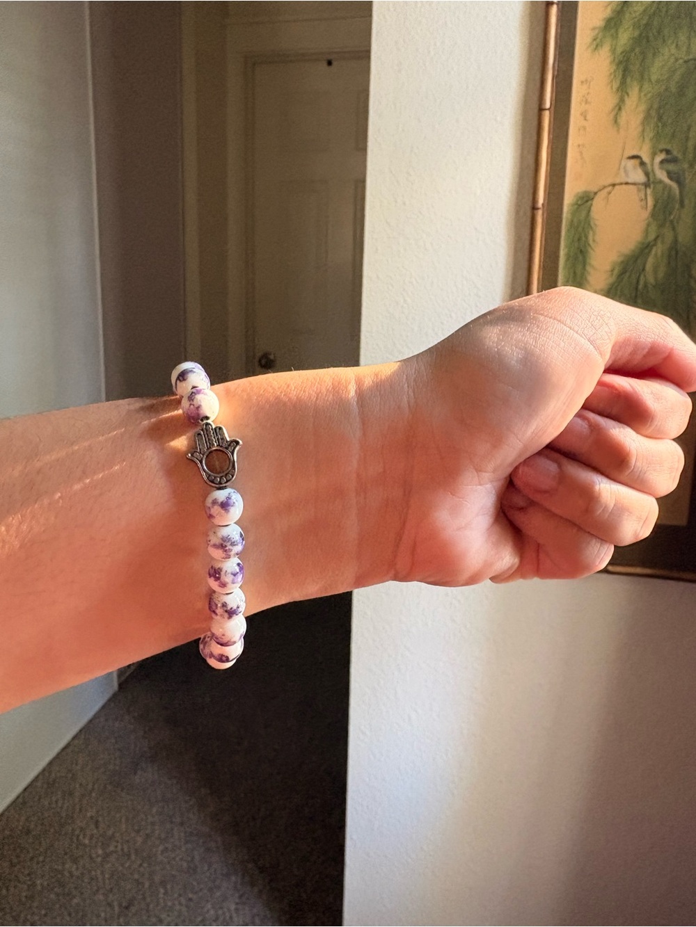 Beaded Hamsa Charm Bracelet - Purple White Beads